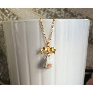 Handmade Pink Floral Porcelain Teacup Gold Necklace with Gold Bow